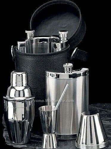 10 Piece Set (3 Flasks /3 Cups/ Shaker/ Jigger / Stirrer) Leather Case