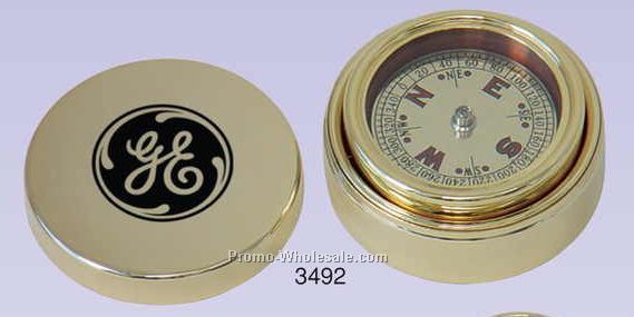 2-5/8"x1-1/4" Gold Plated Brass Navigator Compass & Brass Case (Screened)