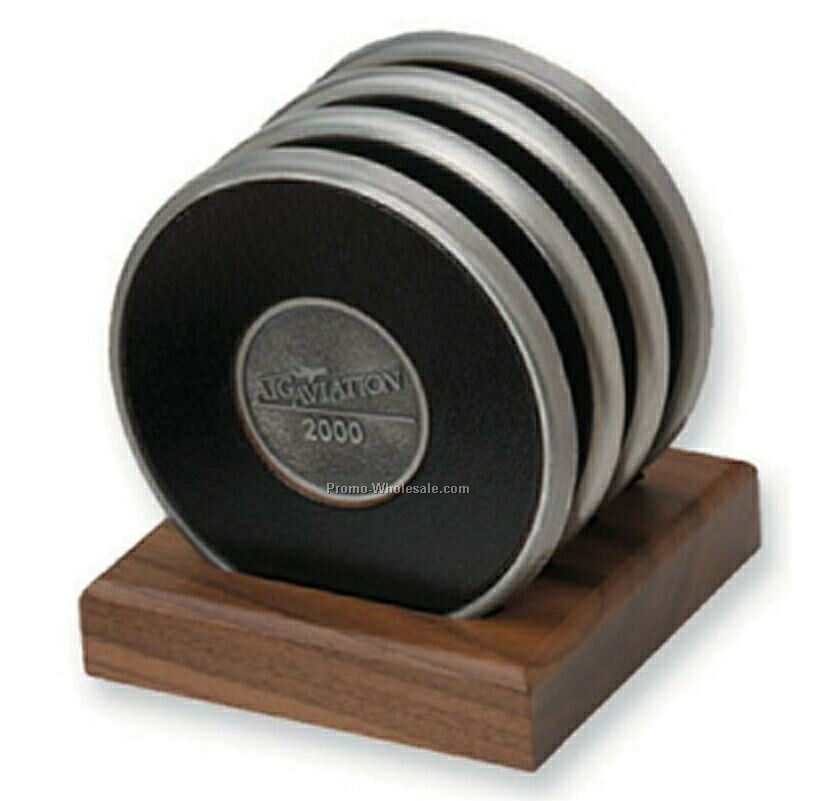 2 Round Polished Brass Coasters W/ Walnut Vertical Stand