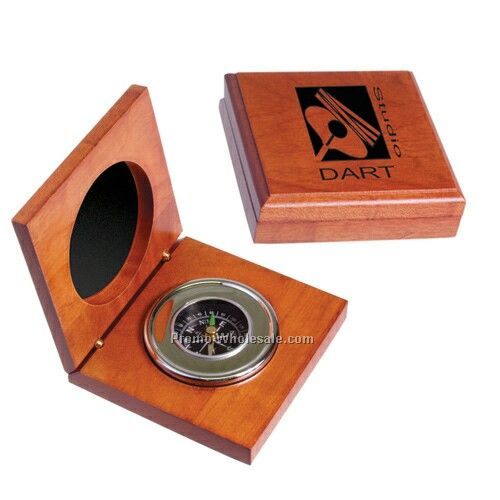 3-1/2"x3-1/2"x1" Executive Compass In Wood Box - Printed