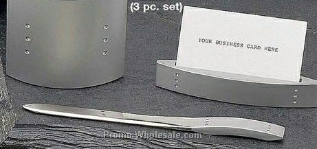 3 Piece Satin Silver Desk Set - Card Holder/Pen Cup & Letter Opener