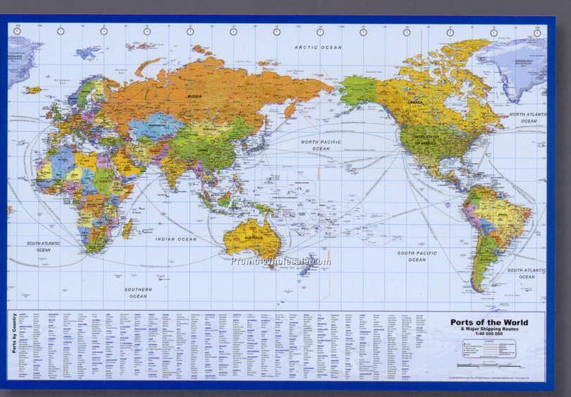 36"x24" World Ports & Shipping Routes Poster With Pacific Centered