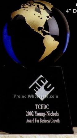 4" Cobalt Blue Glass World Globe Award On Base