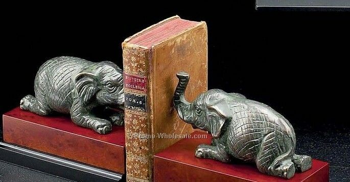 5-1/2" Patina Finished Brass Elephant Bookend On Burl Wood Base