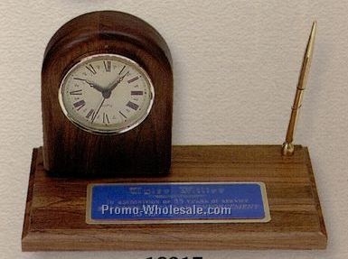5-1/2"x12" Walnut Desk Set Pen Holder And Arch Clock