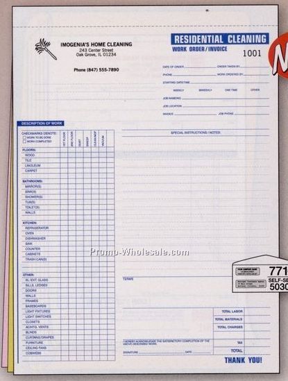 5-2/3"x8-1/2" 3 Part Residential Cleaning Work Order Form