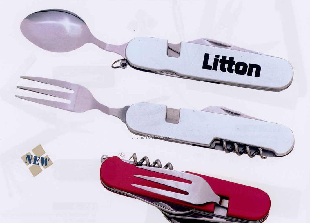 6 Function Anodized Camping Set With Knife/Fork & Spoon