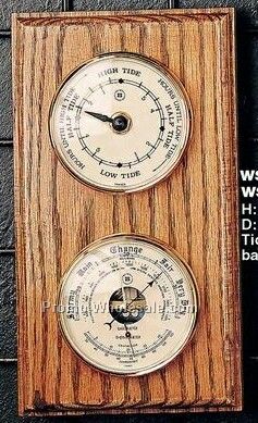 6"x2"x11" Brass Tide Clock/Barometer/Thermometer On Oak