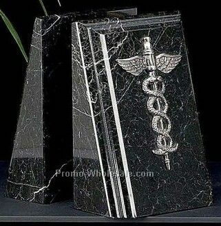 7-1/4" Fancy Beveled Black Zebra Marble Medical Caduceus Bookends