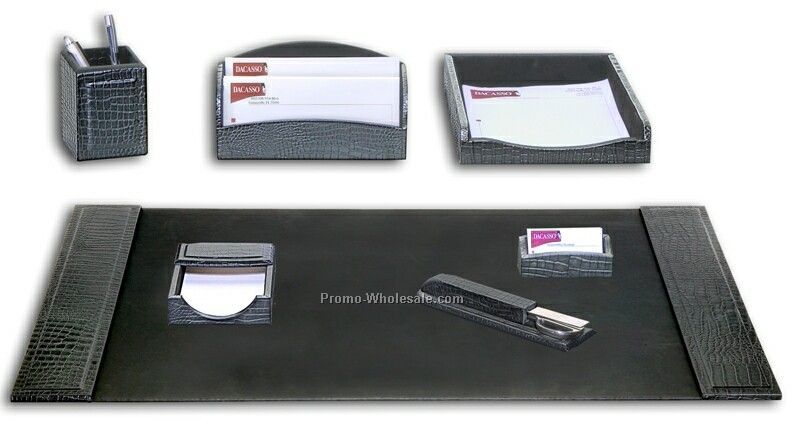 7-piece Embossed Crocodile Leather Desk Set - Black