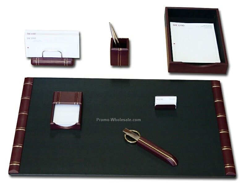 7-piece Gold-striped Leather Desk Set - Burgundy