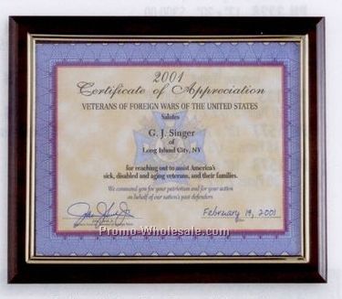 8"x10" Walnut Finish Certificate Holder Or Photo Frame/ Plaque