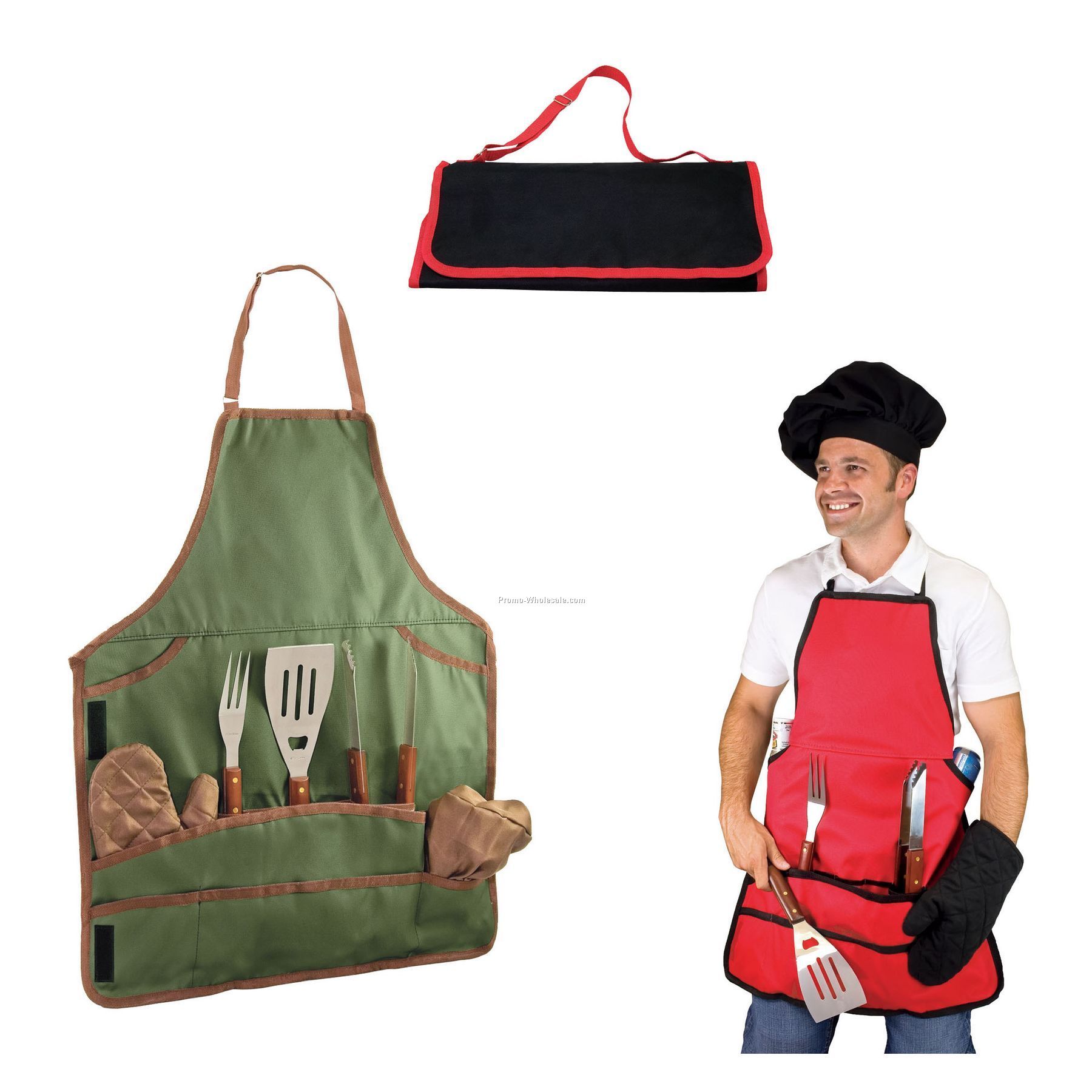 Bbq Apron Tote With 3-piece Bbq Set / Bbq Mitt & Chef's Hat