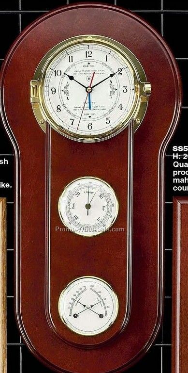 Brass Tide & Time Clock With Barometer/Thermometer & Hygrometer On Mahogany