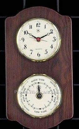 Brass Tide Clock/Barometer/Thermometer On Ash Wood Base