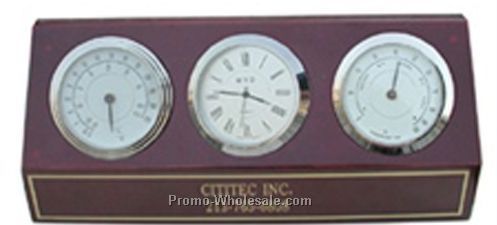 Cititec Wooden Clock W/ Rectangular Base & 3 Dials