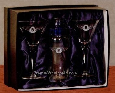 Cocktail Shaker & Cocktail Glass Set W/ 2 Piece Black Gift Box