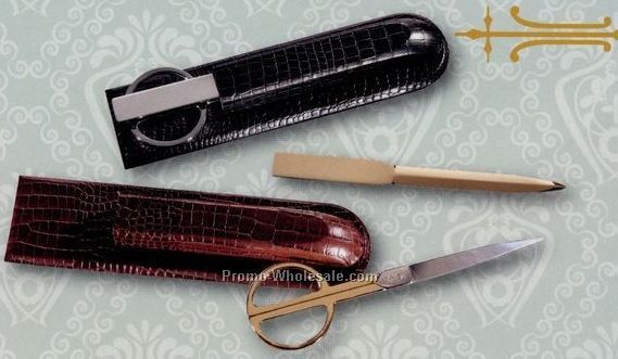 Croco Cowhide Leather Scissor/Letter Opener Set-black Leather