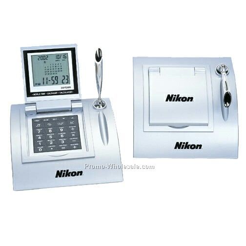 Desk Top Calendar / Alarm Clock / Calculator / Pen Holder W/ Flip Top