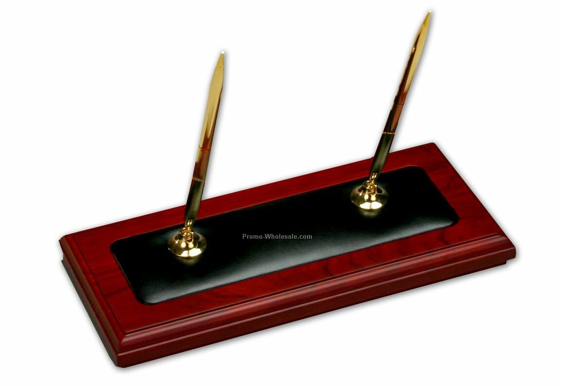 Double Pen Stand With Leather & Rosewood Trim