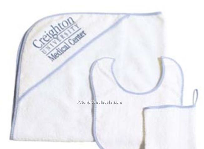 Hooded Baby Towel/Bib & Wash Mitten Set - (Blank)