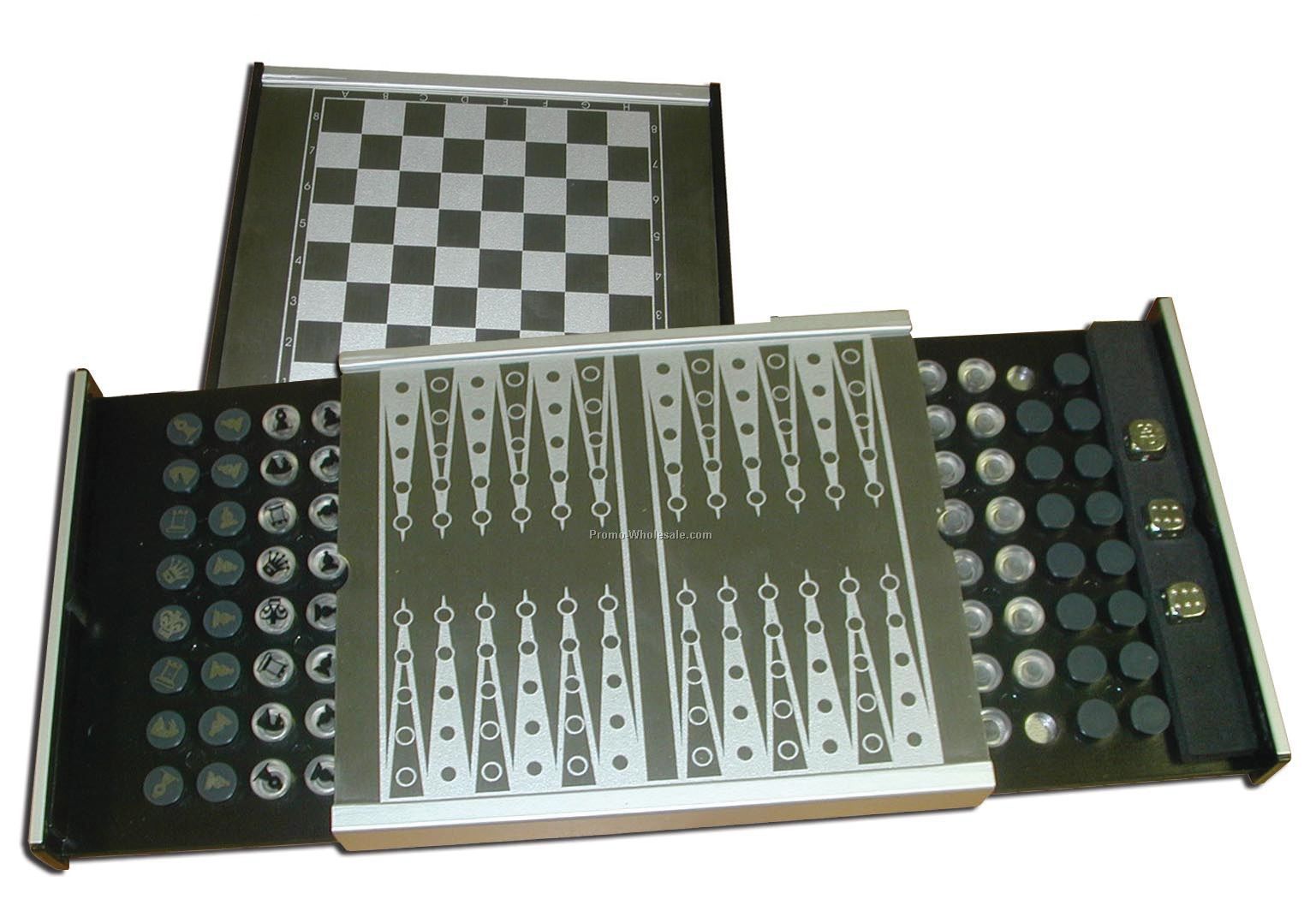 Magnetic Metal Chess / Checkers & Backgammon W/ Drawers