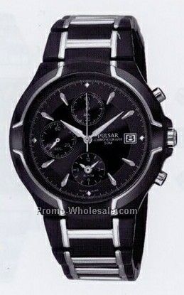 Men's Collection Pulsar Black Alarm Chronograph Watch (Silver Trim)