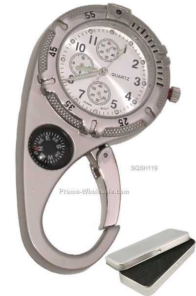 Metal Clip-watch With Numbered Bezel & Compass