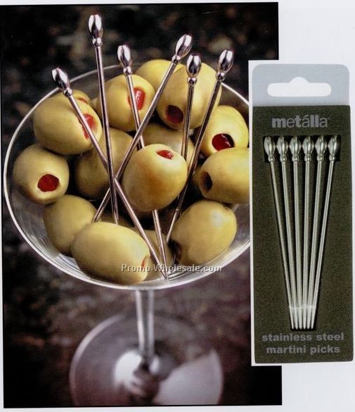 Metalla 6 Piece Stainless Steel Martini Picks Set With Olive Heads