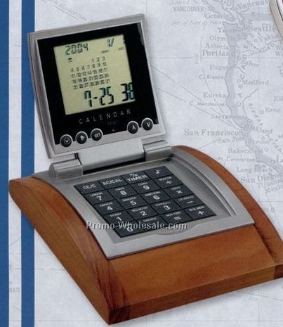 Removable World Time Alarm Clock/ Calendar/ Calculator On Wood Base