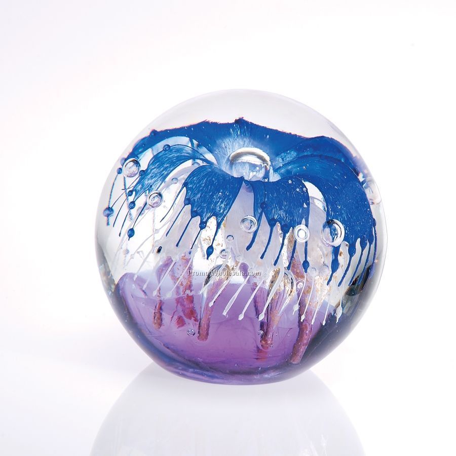 Round Art Glass Paperweight W/ Flower Inside