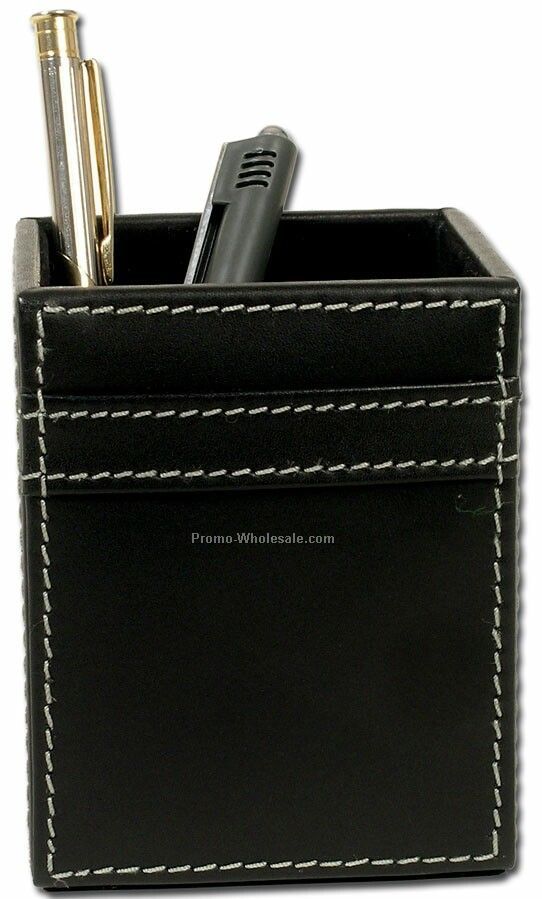 Rustic Leather Pencil Cup Holder - Black