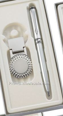 Silver Ball Point Pen With Silver Money Clip W/ Golf Ball Panel - 2 Piece G