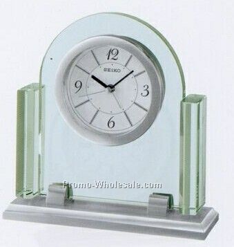 Silver Tone Metal & Glass Case Desk & Table Clock W/ Alarm