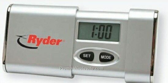 Slide Out Quartz Lcd Travel Alarm Clock W/ Silver Finish