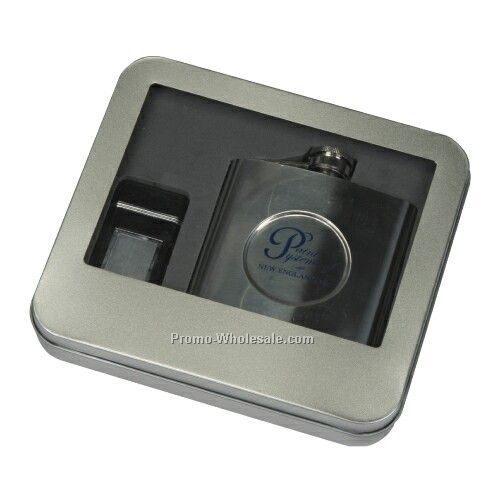 Stainless Steel Flask & Metal Lighter Gift Set