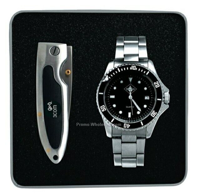 Stainless Steel Watch & Pocket Knife Gift Set