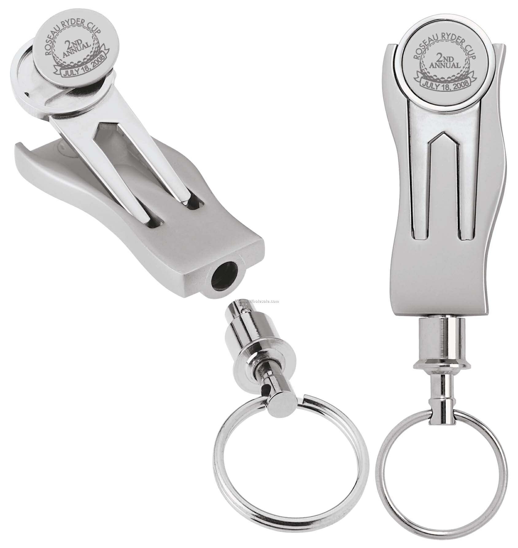 Tee Off Silver Magnetic Divot Tool With Ball Marker & Key Separator