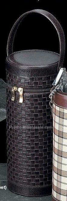 Wine Caddy With Bar Tool In Brown Weaved Leather Case