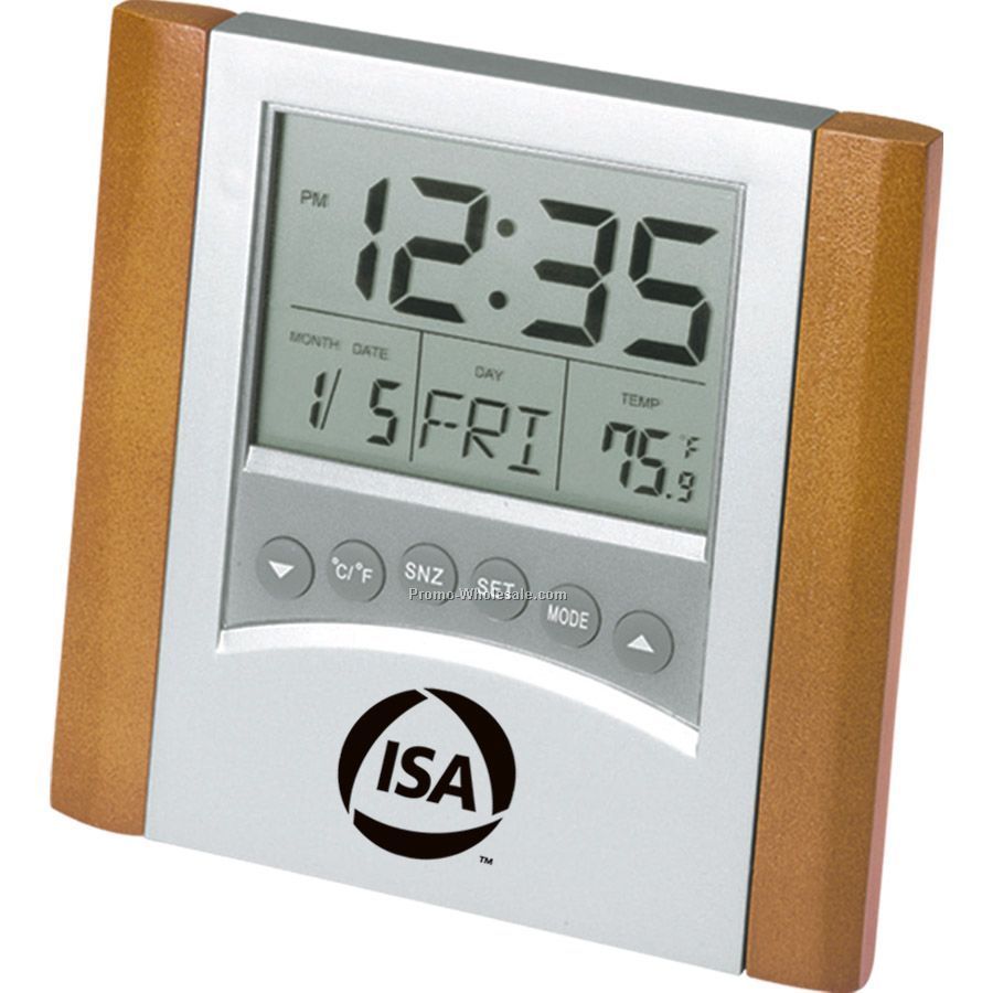 Wood Digital Calendar Alarm Clock W/ Thermometer