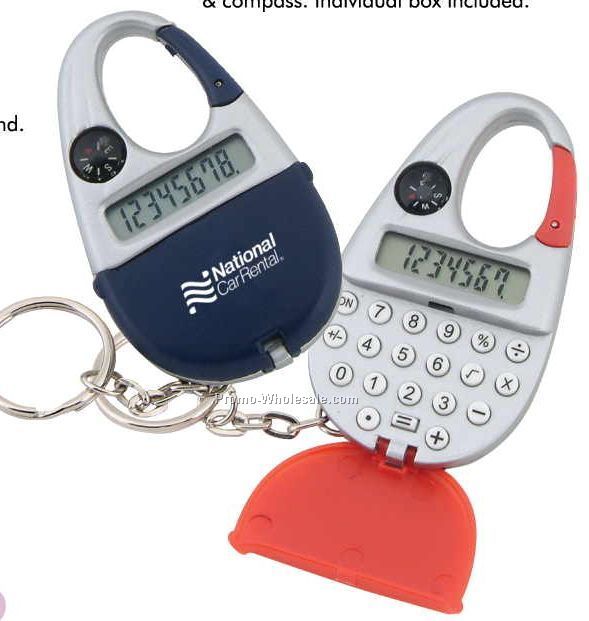 1-1/2"x2-1/2" Red Carabiner Keychain W/ Calculator And Compass