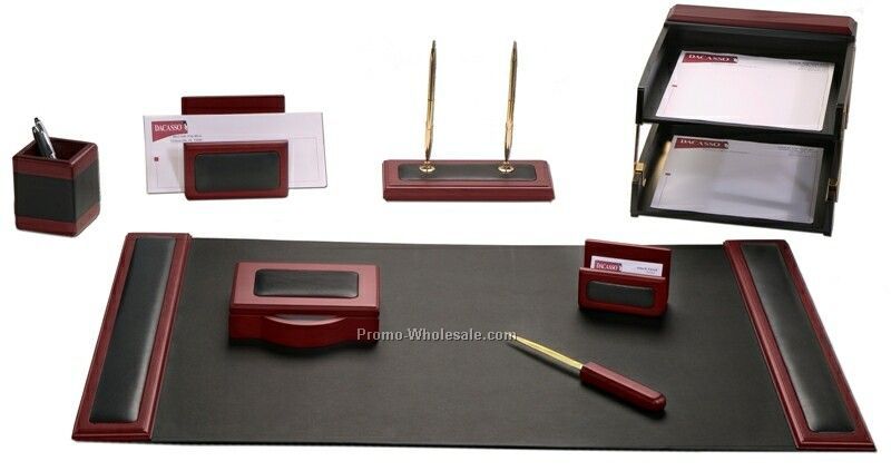 10-piece Wood & Leather Desk Set - Rosewood Trim