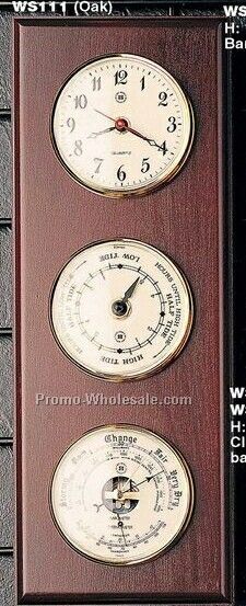16"x6"x2" Brass Time & Tide Clock/Barometer/Thermometer On Oak