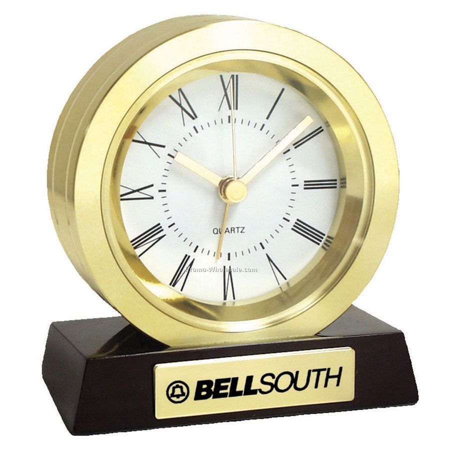 2 Tone Brass Coin Alarm Clock On Piano Wood Base