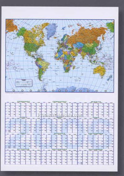 27"x39" World Map Calendars With Atlantic Centered