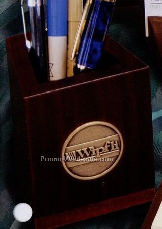 3"x2-3/4"x3-5/8" Cherry Finish Wood Pen Holder With 1-1/2" Brass Coin
