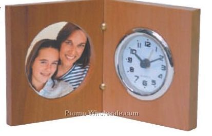 3"x3-1/2"x1" Folding Wood Travel Alarm Clock With Picture Frame