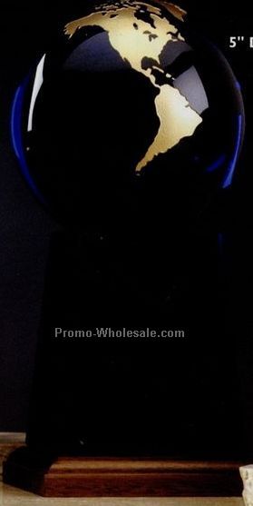 5" Cobalt Blue Glass World Globe Award On Base