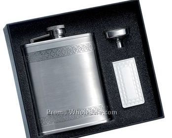 6 Oz Stainless Steel Flask W/Wide Decorative Stripes And Matching Money Cli