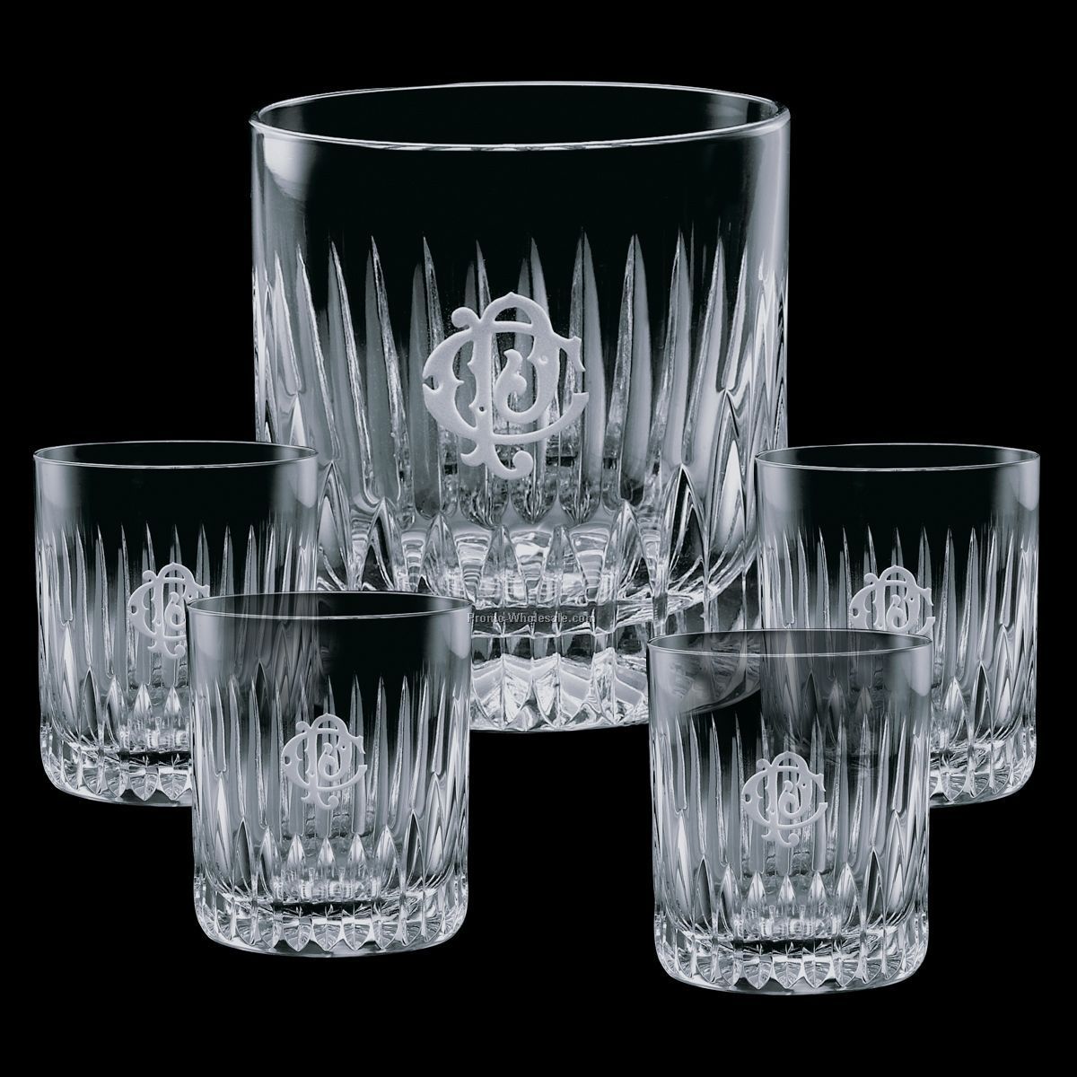 7" Crystal Carey Ice Bucket And 4 On-the-rocks Glasses